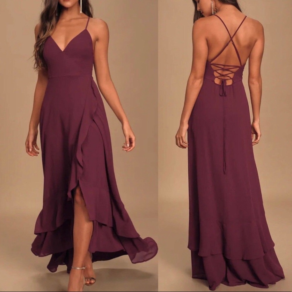 In Love Forever Burgundy Lace-Up High-Low Maxi Dress